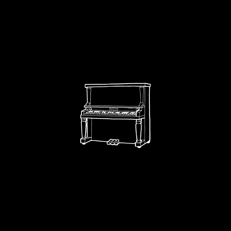 A sketch drawing of an upright piano on a black background.