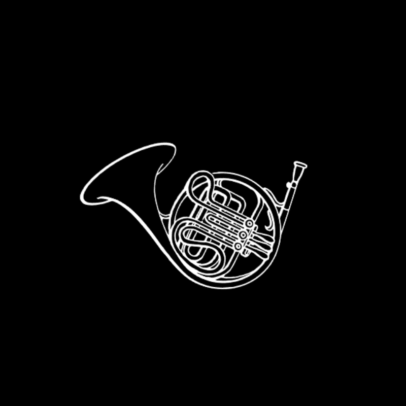 A sketch drawing of a French horn on a black background.