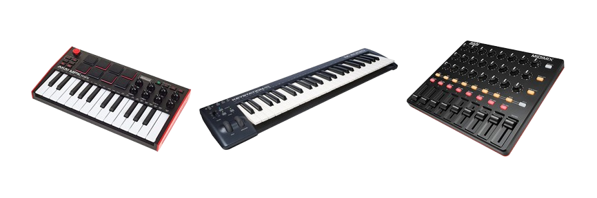 A set of three musical instruments: Akai MPK Mini mk3 MIDI keyboard with 25 keys, 8 drum pads, 8 knobs, a 4-way joystick, and a few additional buttons. Then there is the M-Audio Keystation 49 with 49 keys, volume fader, mod and pitch wheel, and a few more buttons. And finally, Akai MIDImix with a bunch of knobs, faders, and buttons aligned in grids.